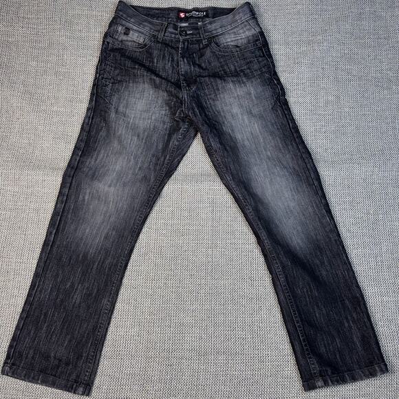 Southpole Jeans Mens 32x30 Black Straight Denim Pants Y2K Streetwear Whiskered - Picture 1 of 7
